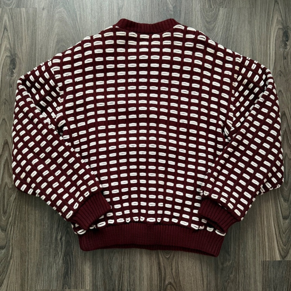 Italiano Vintage Mens XL Leather Colorblock Knit Hybrid Sweater Burgundy White - Picture 4 of 7